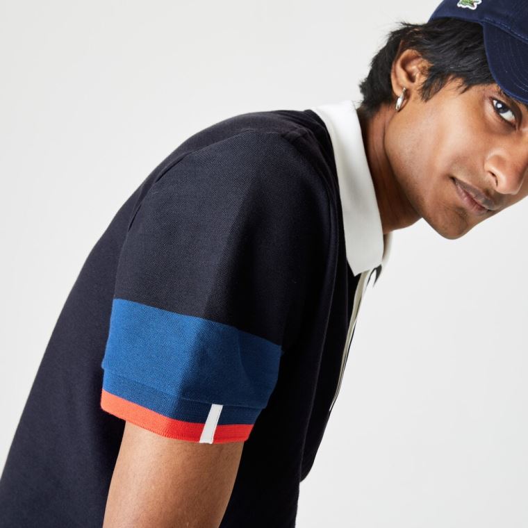 Lacoste Made in France Regular Fit Organic Bomulds Polo Shirt Mørkeblå Blå Blå Hvide Rød | Hf9MDN9T