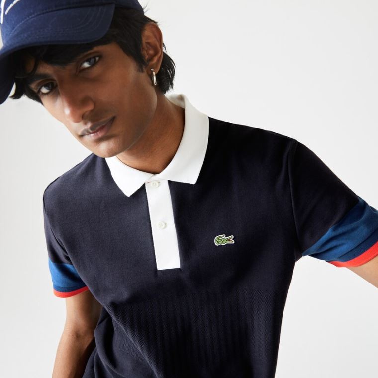 Lacoste Made in France Regular Fit Organic Bomulds Polo Shirt Mørkeblå Blå Blå Hvide Rød | WnuUi9ao