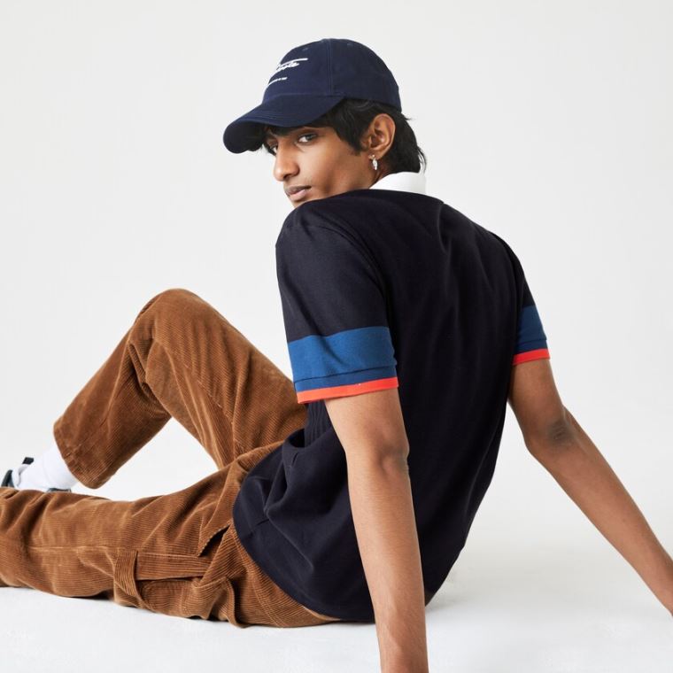 Lacoste Made in France Regular Fit Organic Bomulds Polo Shirt Mørkeblå Blå Blå Hvide Rød | WnuUi9ao