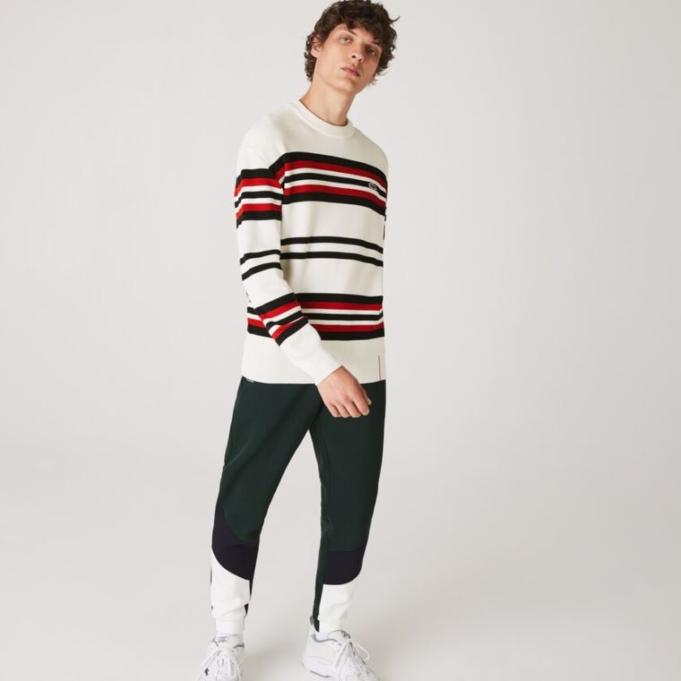 Lacoste Made in France Striped Organic Bomulds Crew Neck Sweater Hvide Mørkeblå Blå Rød | vVGUwFUv