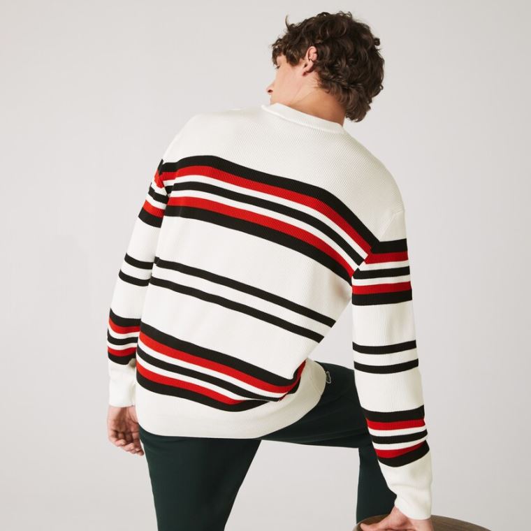 Lacoste Made in France Striped Organic Bomulds Crew Neck Sweater Hvide Mørkeblå Blå Rød | vVGUwFUv