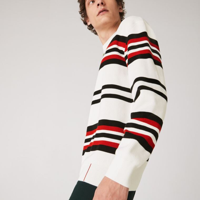 Lacoste Made in France Striped Organic Bomulds Crew Neck Sweater Hvide Mørkeblå Blå Rød | vVGUwFUv