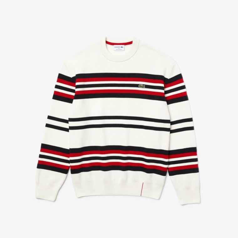 Lacoste Made in France Striped Organic Bomulds Crew Neck Sweater Hvide Mørkeblå Blå Rød | vVGUwFUv