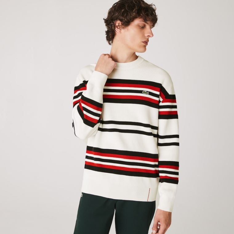 Lacoste Made in France Striped Organic Bomulds Crew Neck Sweater Hvide Mørkeblå Blå Rød | vVGUwFUv