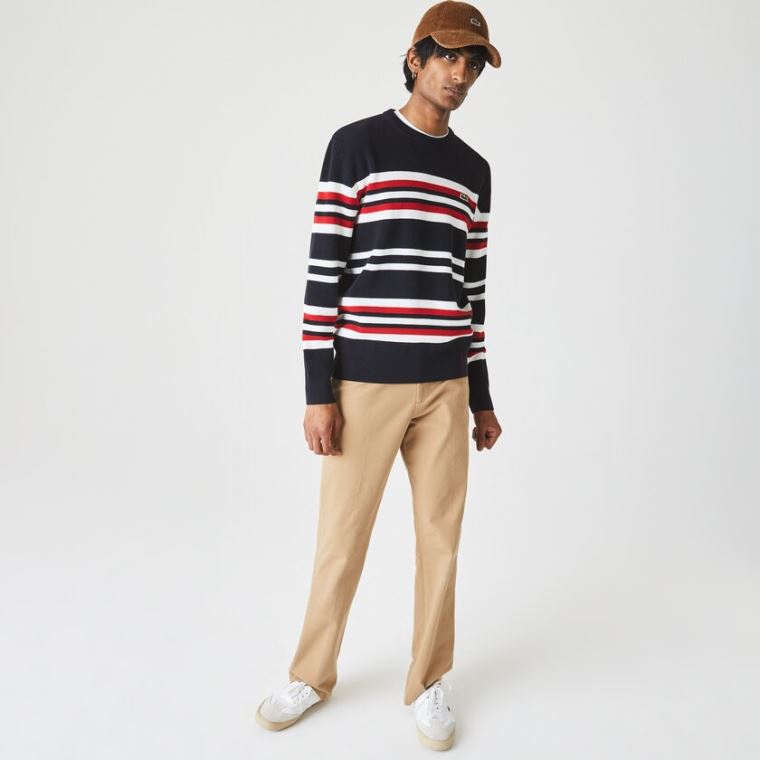 Lacoste Made in France Striped Organic Bomulds Crew Neck Sweater Mørkeblå Blå Hvide Rød | y7G8ZBuc