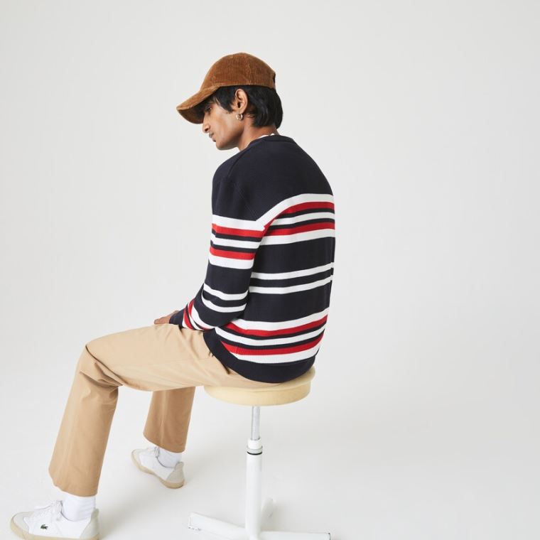 Lacoste Made in France Striped Organic Bomulds Crew Neck Sweater Mørkeblå Blå Hvide Rød | y7G8ZBuc