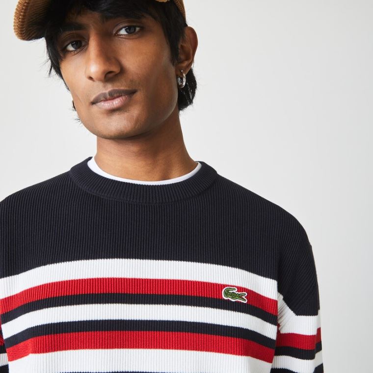 Lacoste Made in France Striped Organic Bomulds Crew Neck Sweater Mørkeblå Blå Hvide Rød | y7G8ZBuc