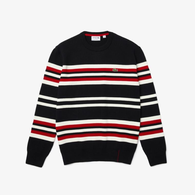 Lacoste Made in France Striped Organic Bomulds Crew Neck Sweater Mørkeblå Blå Hvide Rød | y7G8ZBuc