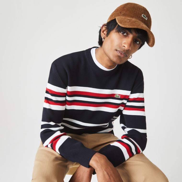 Lacoste Made in France Striped Organic Bomulds Crew Neck Sweater Mørkeblå Blå Hvide Rød | y7G8ZBuc