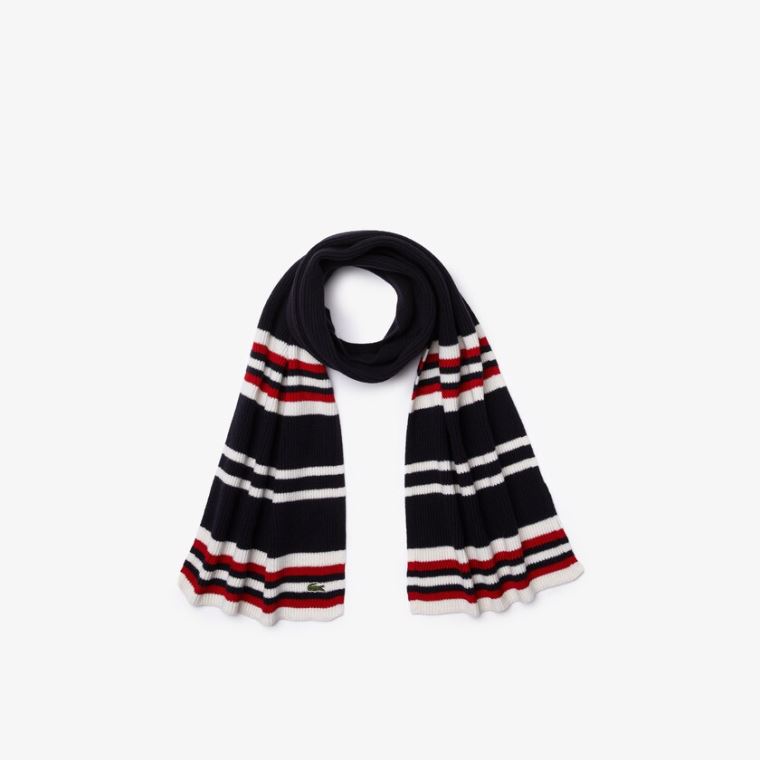 Lacoste Made in France Striped Ribbed Rectangular Wool Scarf Mørkeblå Blå Hvide Rød | WfDpaoGE