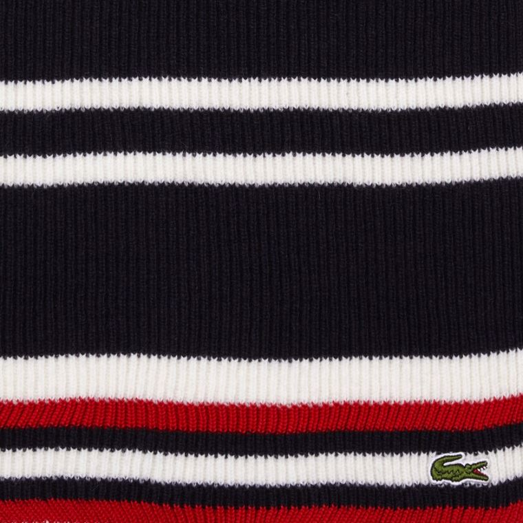 Lacoste Made in France Striped Ribbed Rectangular Wool Scarf Mørkeblå Blå Hvide Rød | WfDpaoGE