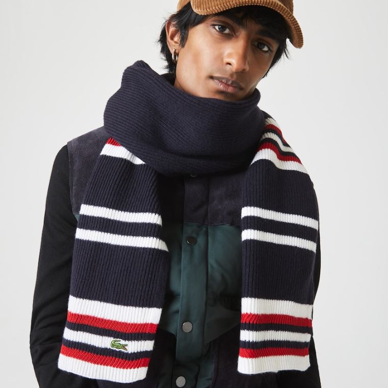 Lacoste Made in France Striped Ribbed Rectangular Wool Scarf Mørkeblå Blå Hvide Rød | WfDpaoGE