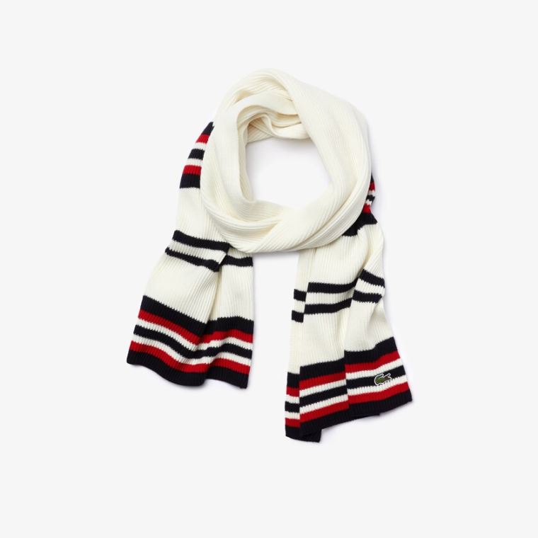 Lacoste Made in France Striped Ribbed Rectangular Wool Scarf Hvide Mørkeblå Blå Rød | dpbVmrZp