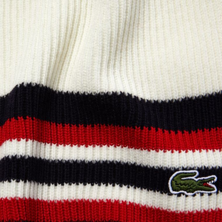 Lacoste Made in France Striped Ribbed Rectangular Wool Scarf Hvide Mørkeblå Blå Rød | dpbVmrZp