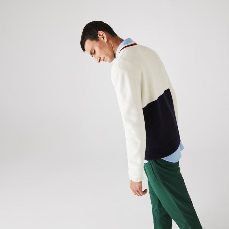 Lacoste Made in France Two-Tone Wool V-Neck Sweater Mørkeblå Blå Hvide Mørkerød | NUCnGU26