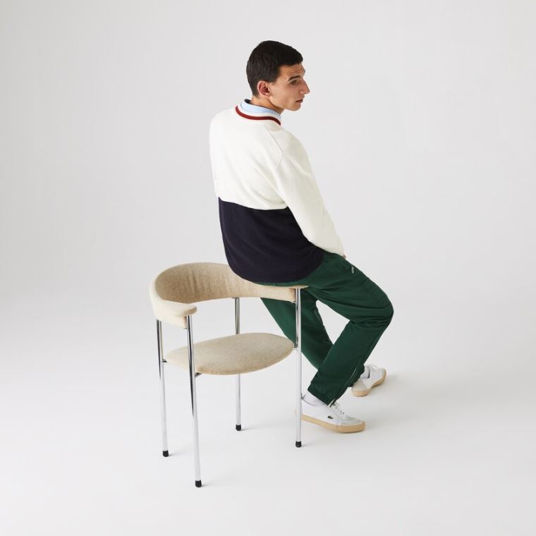 Lacoste Made in France Two-Tone Wool V-Neck Sweater Mørkeblå Blå Hvide Mørkerød | NUCnGU26