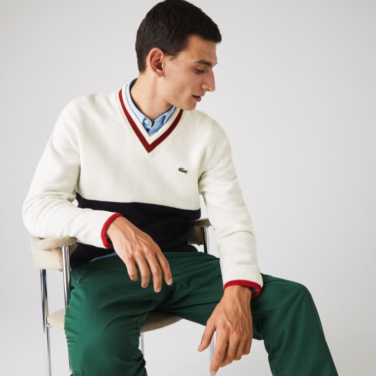 Lacoste Made in France Two-Tone Wool V-Neck Sweater Mørkeblå Blå Hvide Mørkerød | NUCnGU26