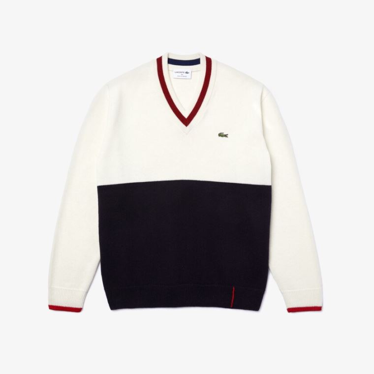 Lacoste Made in France Two-Tone Wool V-Neck Sweater Mørkeblå Blå Hvide Mørkerød | NUCnGU26