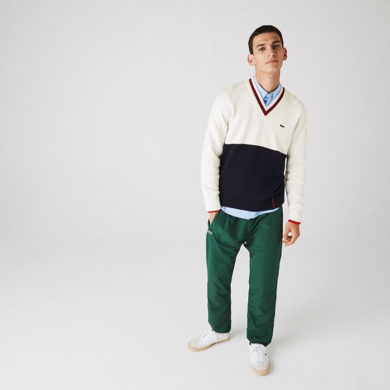 Lacoste Made in France Two-Tone Wool V-Neck Sweater Mørkeblå Blå Hvide Mørkerød | NUCnGU26