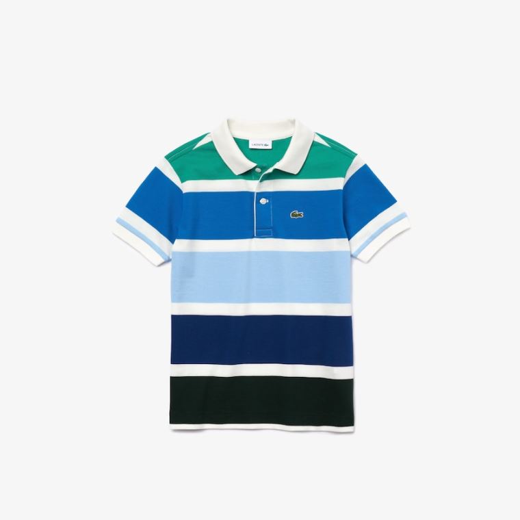 Lacoste Multicolor Striped Bomulds Piqué Polo Hvide Blå Grøn | T8ot3km9