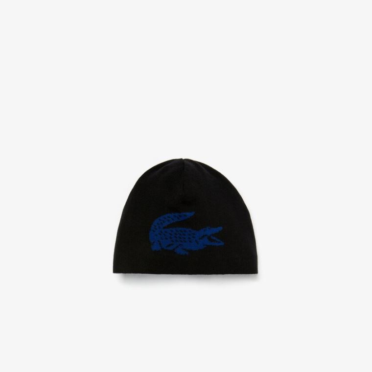 Lacoste Oversized Contrast Crocodile Reversible Wool Beanie Sort Blå | L8H4UUVf