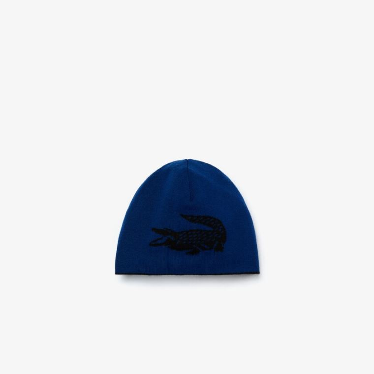 Lacoste Oversized Contrast Crocodile Reversible Wool Beanie Sort Blå | L8H4UUVf