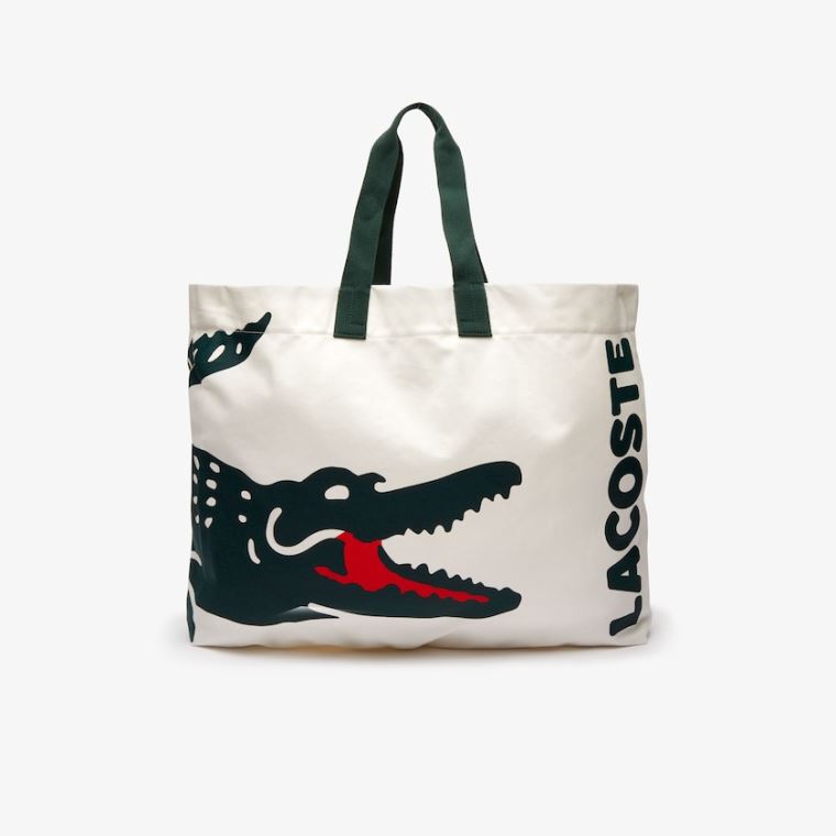 Lacoste Oversized Crocodile Print Bomulds Large Tote Hvide | ofRBvLQd