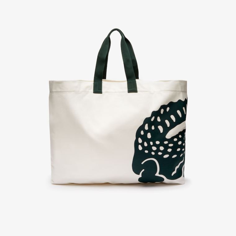 Lacoste Oversized Crocodile Print Bomulds Large Tote Hvide | ofRBvLQd