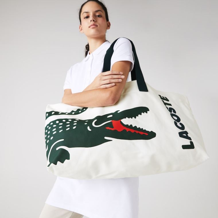 Lacoste Oversized Crocodile Print Bomulds Large Tote Hvide | ofRBvLQd