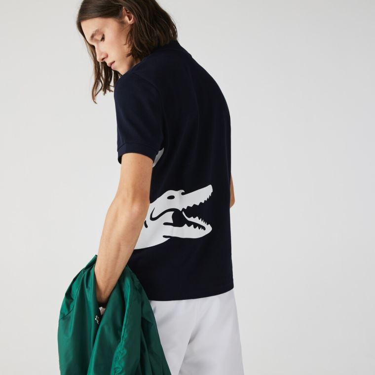 Lacoste Oversized Crocodile Print Polo Shirt Mørkeblå Blå | NSWZkiD5