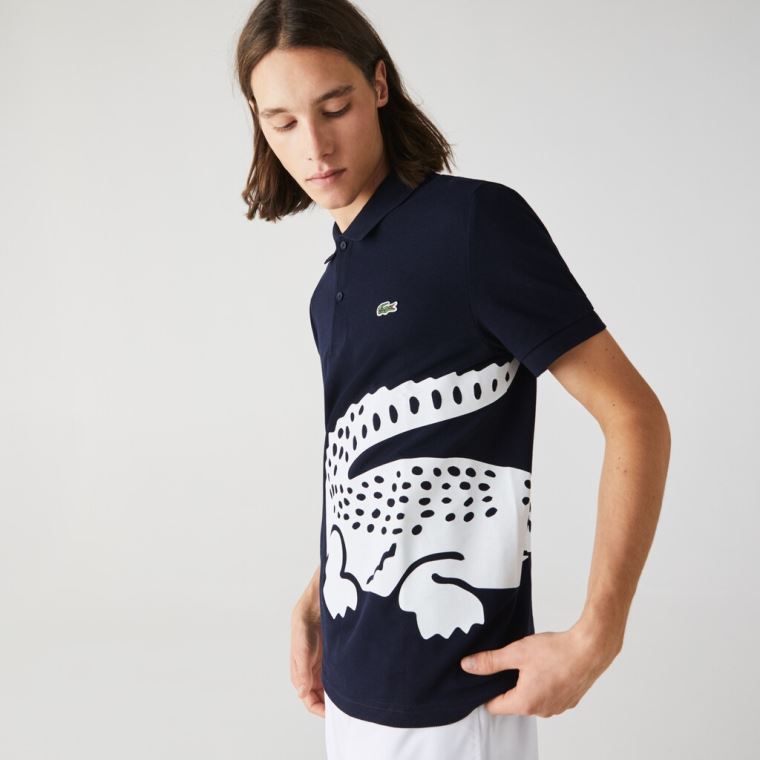 Lacoste Oversized Crocodile Print Polo Shirt Mørkeblå Blå | NSWZkiD5