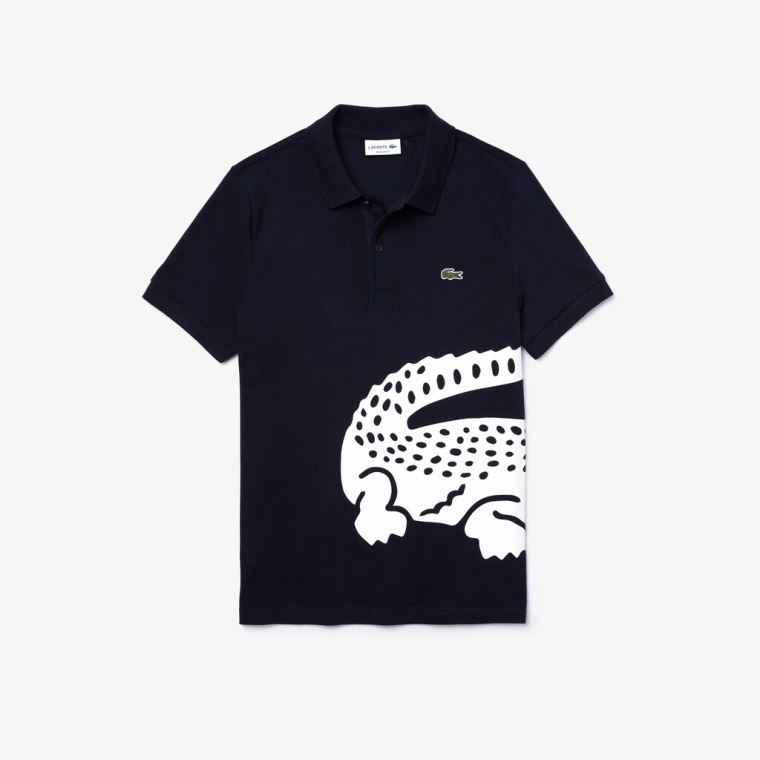 Lacoste Oversized Crocodile Print Polo Shirt Mørkeblå Blå | NSWZkiD5