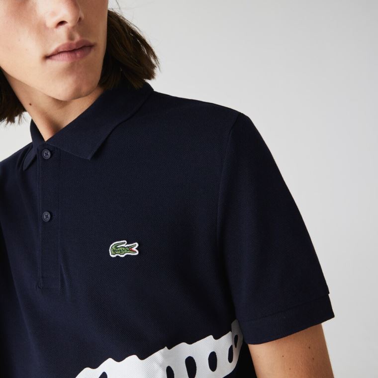 Lacoste Oversized Crocodile Print Polo Shirt Mørkeblå Blå | NSWZkiD5