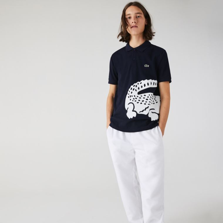 Lacoste Oversized Crocodile Print Polo Shirt Mørkeblå Blå | NSWZkiD5