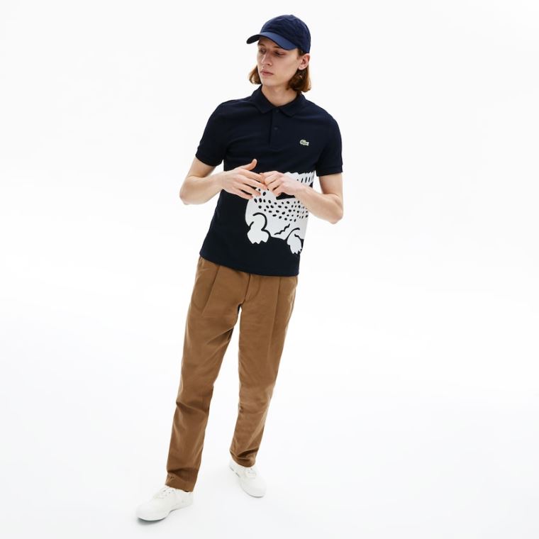 Lacoste Oversized Crocodile Print Polo Shirt Mørkeblå Blå | nmpLW2wG