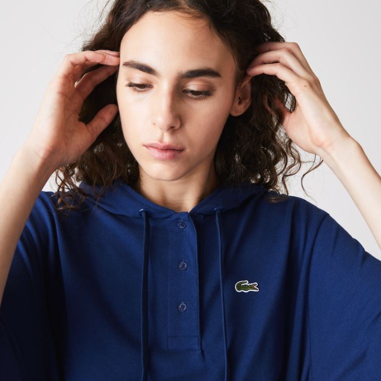 Lacoste Oversized Hætte Organic Bomulds Piqué Polo Kjole Mørkeblå Blå | xH02St1V