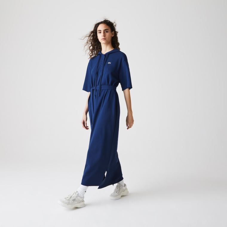 Lacoste Oversized Hætte Organic Bomulds Piqué Polo Kjole Mørkeblå Blå | xH02St1V