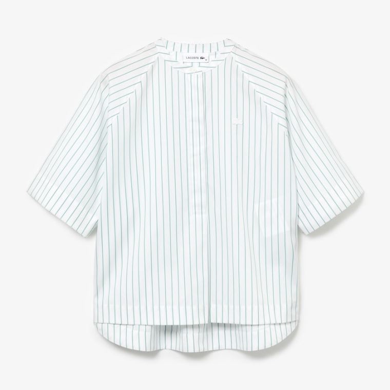 Lacoste Oversized Mao Collar Striped Bomulds Poplin Blouse Hvide Grøn | FSHN8zYC