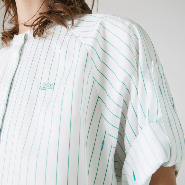 Lacoste Oversized Mao Collar Striped Bomulds Poplin Blouse Hvide Grøn | FSHN8zYC