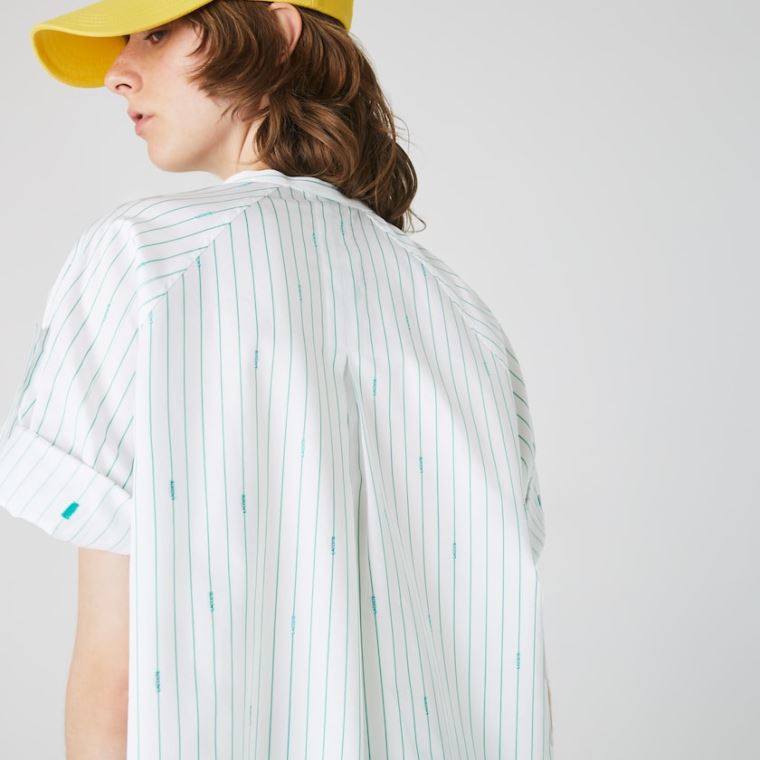 Lacoste Oversized Mao Collar Striped Bomulds Poplin Blouse Hvide Grøn | FSHN8zYC