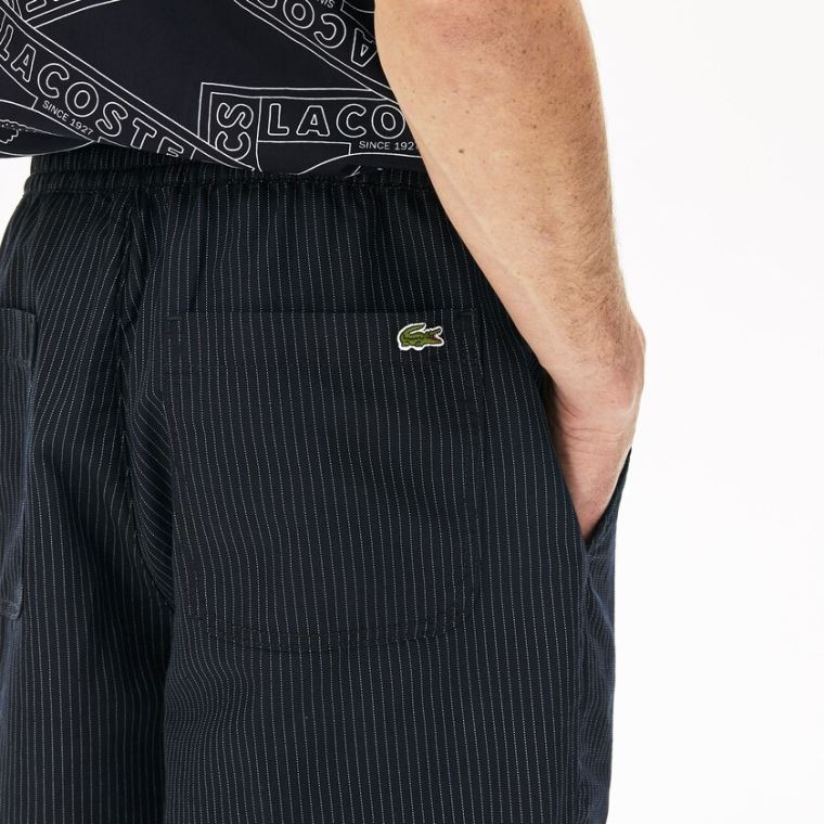 Lacoste Pinstriped Linen- Blend Bermuda Shorts Mørkeblå Blå Hvide | AYSLk1wU