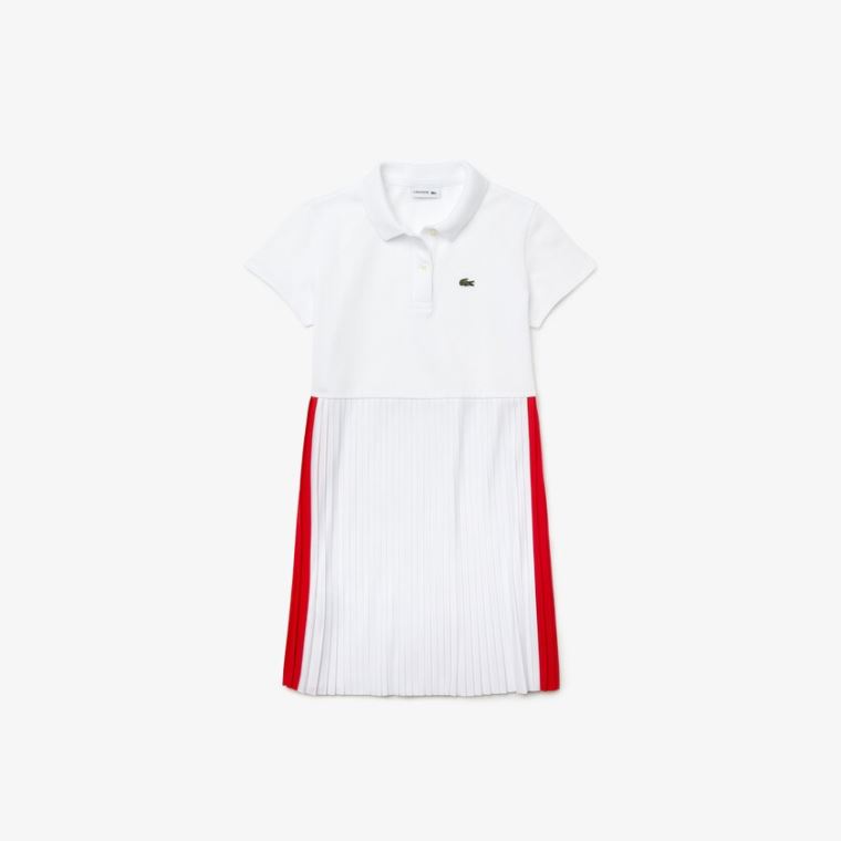 Lacoste Pleated Lette Bomulds Piqué Polo Kjole Hvide Rød | 3m0uhusZ