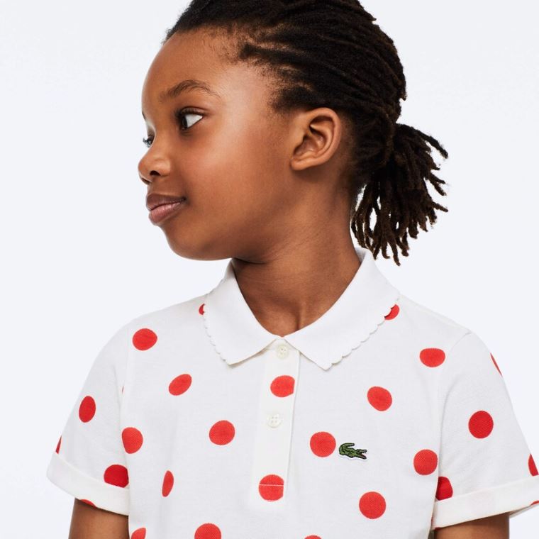 Lacoste Polka Dot Scalloped Collar Bomulds Petit Piqué Polo Hvide Rød | yT8Cw7gI