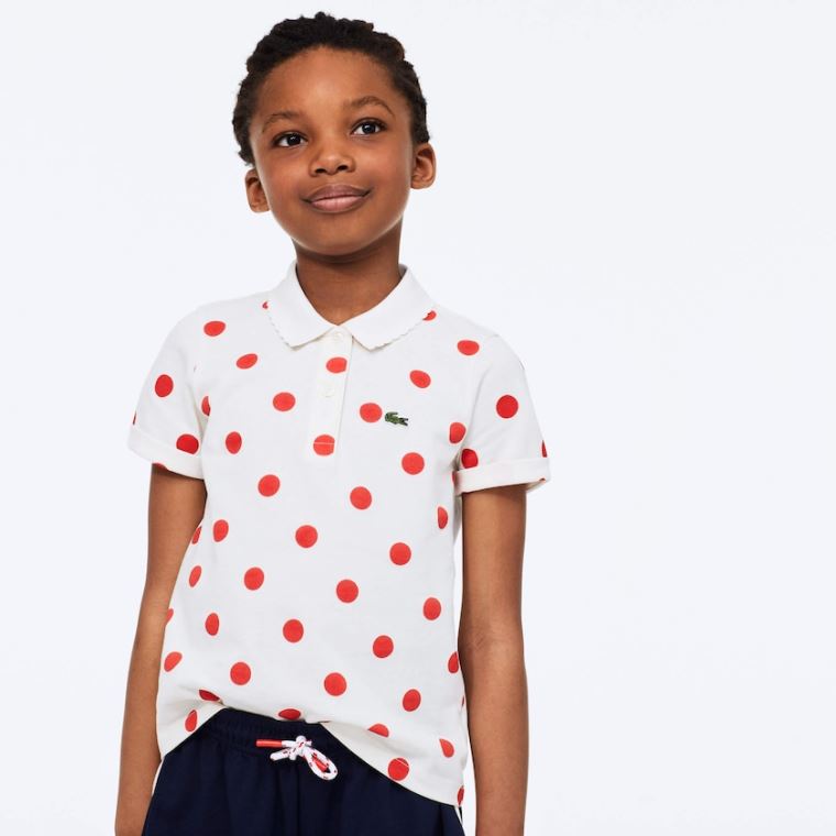 Lacoste Polka Dot Scalloped Collar Bomulds Petit Piqué Polo Hvide Rød | yT8Cw7gI