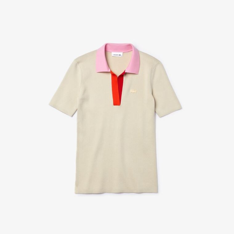 Lacoste Polo Collar Two-Tone Bomulds Sweater Beige Lyserød Rød | TB6zlgs4