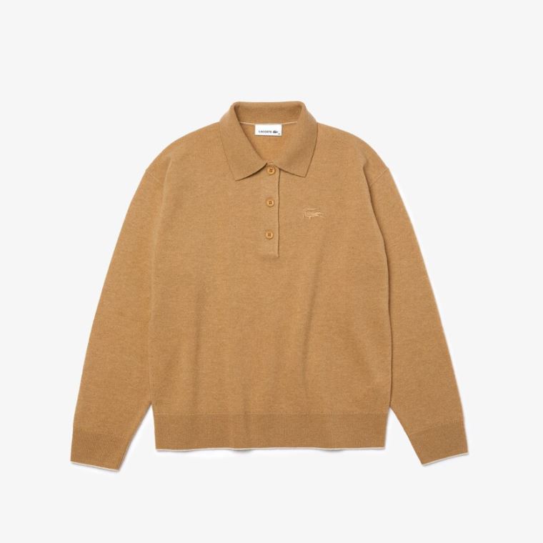 Lacoste Polo Collar Wool Sweater Beige | p8IyGLZE