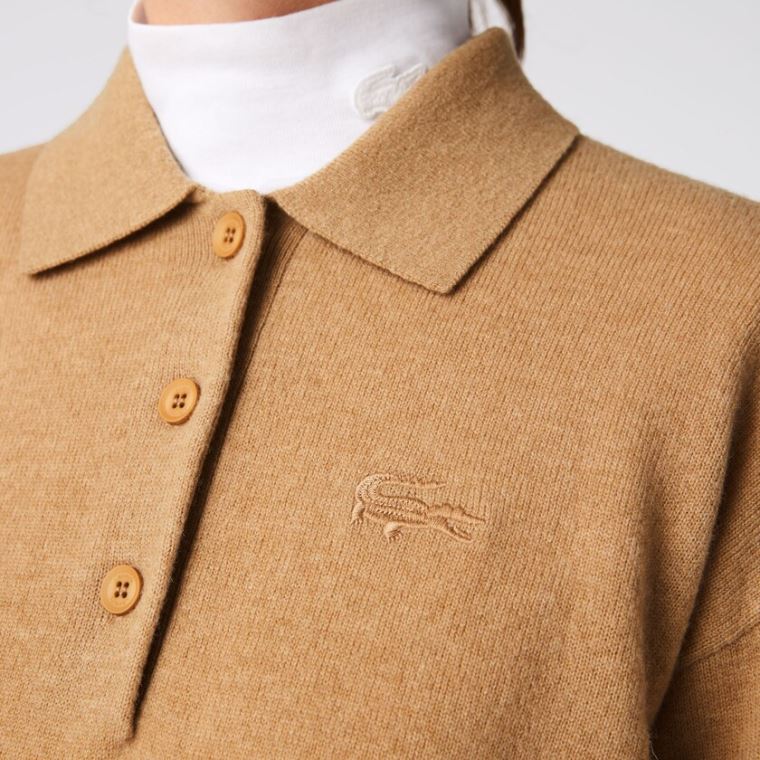 Lacoste Polo Collar Wool Sweater Beige | p8IyGLZE