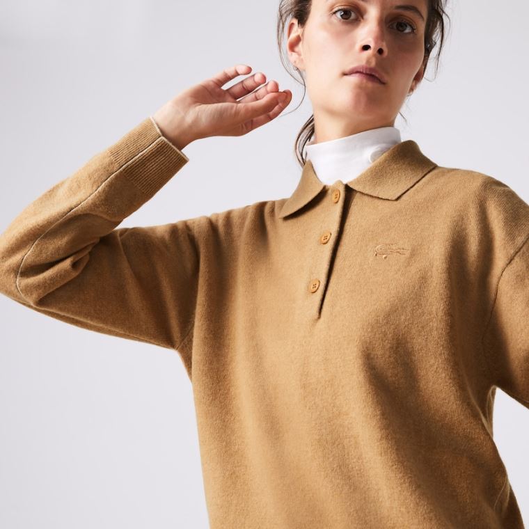 Lacoste Polo Collar Wool Sweater Beige | p8IyGLZE