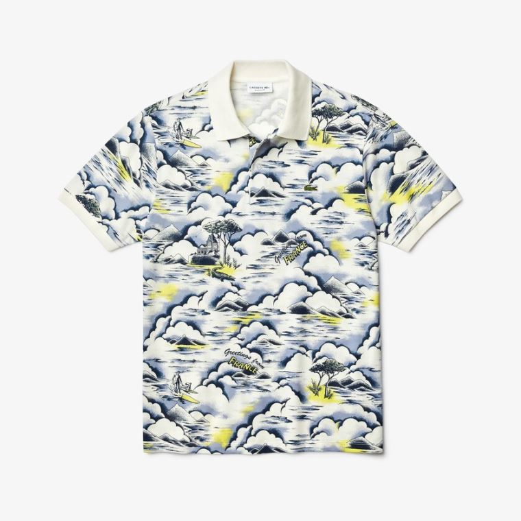 Lacoste Print Bomulds Piqué Classic Fit Polo Shirt Lilla Gul Hvide | F7iO8iKD