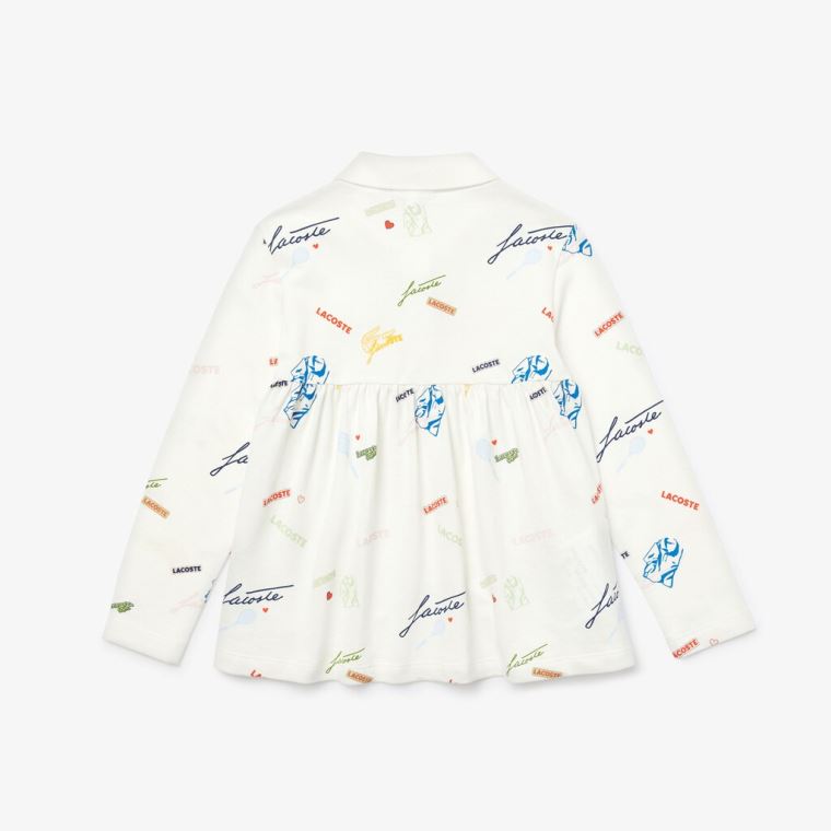 Lacoste Print Flounced Bomulds Piqué Polo Shirt Hvide | l3LNSNHF